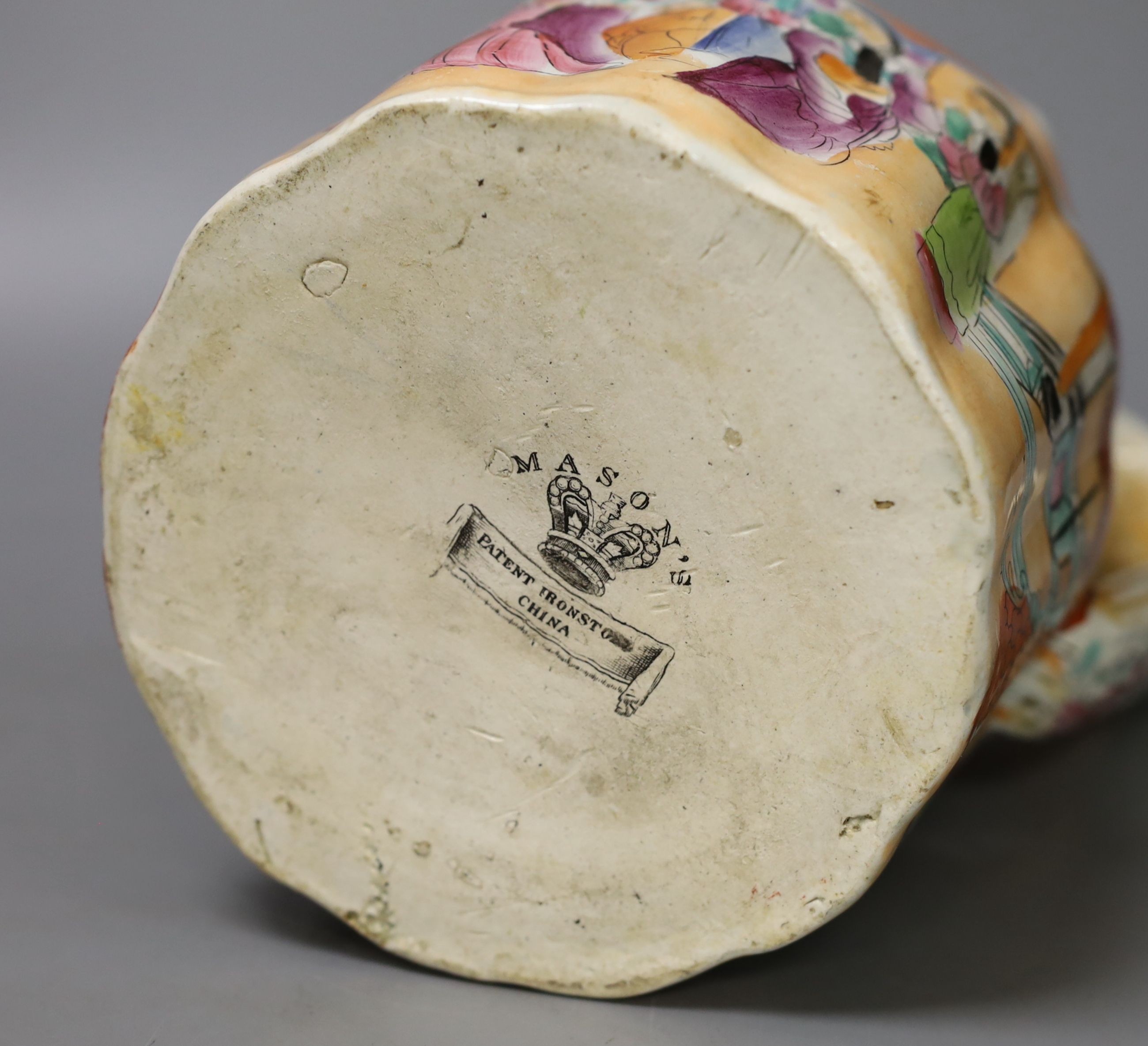 A large Mason's Ironstone chinoiserie jug, c.1830, printed and enamelled, 23cm.